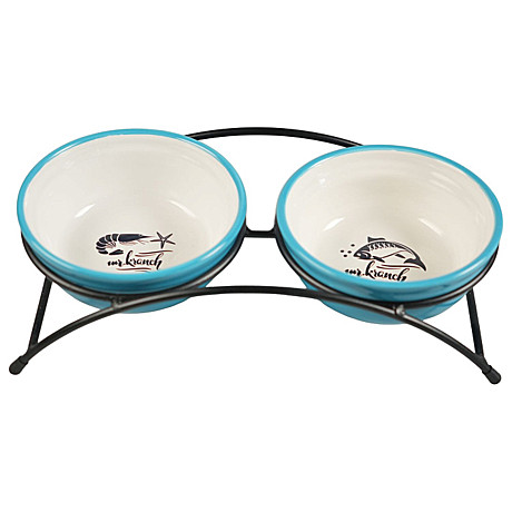 Mr.Kranch fish&chips Миски на подставке для собак и кошек двойные 2x290мл, голубые