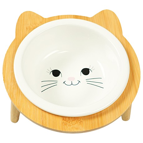 Mr.Kranch Bamboo Миска для кошек керамическая белая на бамбуковой подставке 400мл