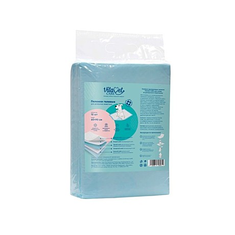 VitaVet Care Пеленки гелевые, впитывающие, с фиксирующими полосками, 60х90см 12шт