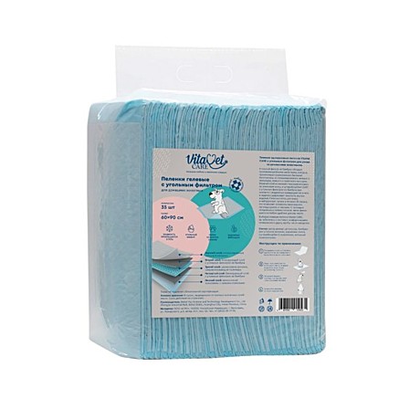 VitaVet Care Пеленки гелевые, впитывающие, с угольным фильтром из бамбука, 60х90см 35шт.