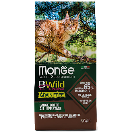 Monge BWild Grain Free Беззерновой корм для котят и кошек крупных пород, с мясом Буйвола 1,5кг