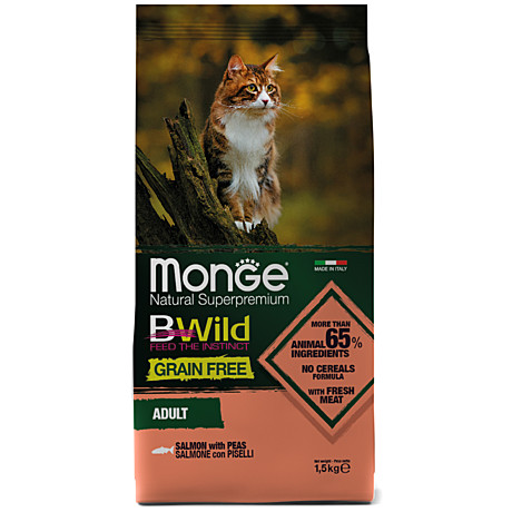 Monge BWild Grain Free Беззерновой корм для взрослых кошек, Лосось с горохом 1,5кг