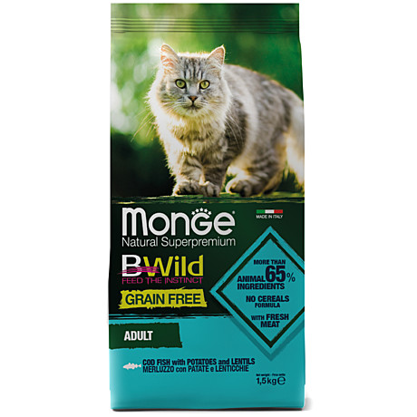 Monge BWild Grain Free Беззерновой корм для взрослых кошек, Треска, картофель и чечевица 1,5кг