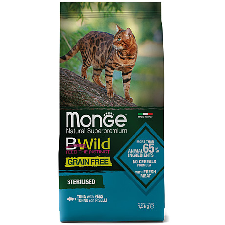 Monge BWild Grain Free Sterilised Беззерновой корм для стерилизованных кошек, Тунец с горохом 1,5кг