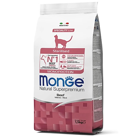 Monge Cat Monoprotein Sterilised Beef Корм для стерилизованных кошек, с говядиной 1,5кг