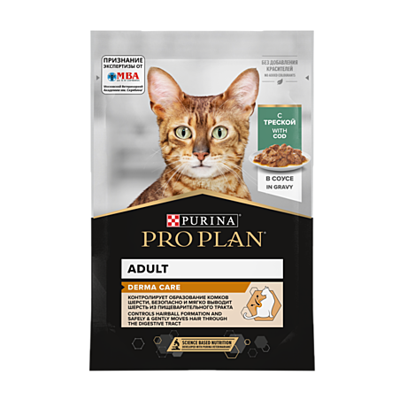 Pro Plan ADULT DERMA CARE Пауч для кошек для здоровья кожи и красоты шерсти, треска в соусе 85г