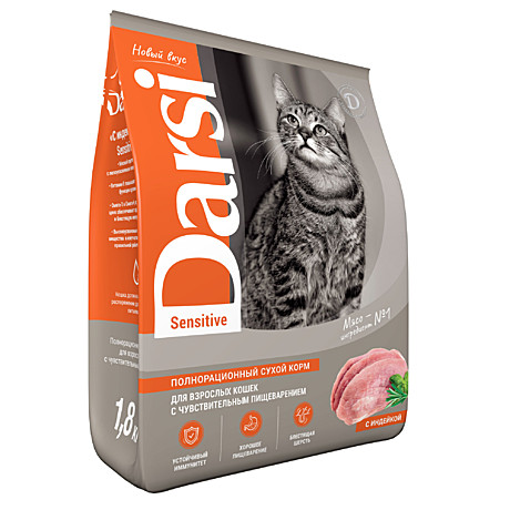 Darsi Sensitive Корм сухой для кошек с чувствит.пищеварением, Индейка 1,8кг