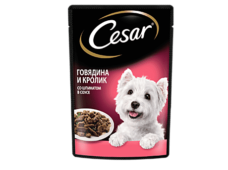 Cesar Пауч для взрослых собак, с Говядиной и кроликом в соусе со шпинатом 85г