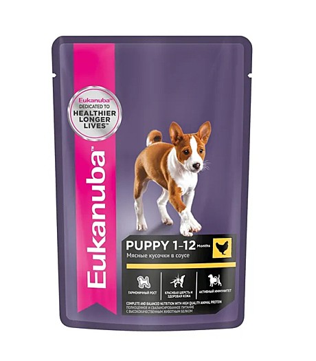 Eukanuba Puppy Пауч для щенков всех пород, с курицей в соусе 85г