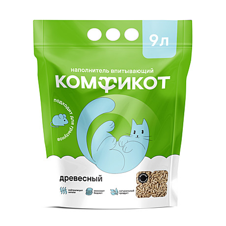 КОМФИКОТ Наполнитель древесный впитывающий, мелкие гранулы, 9 л