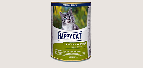 Happy cat Консервы для кошек,Ягненок с индейкой кусочки в желе 400г