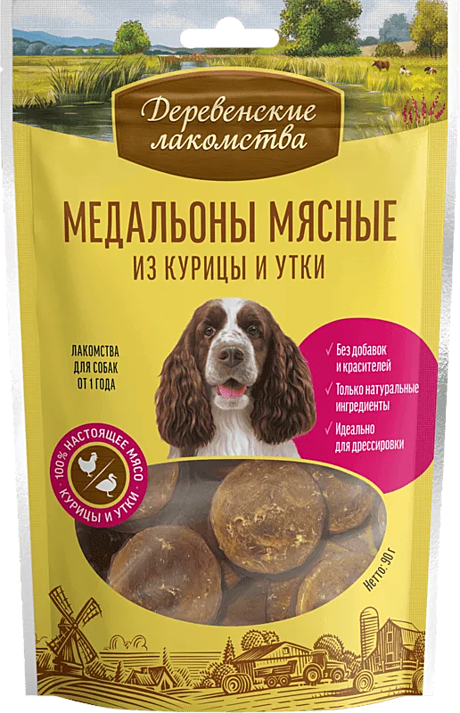 Деревенские лакомства для собак Медальоны мясные из курицы и утки 90г