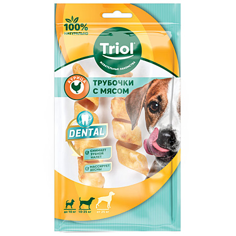 Triol Лакомство для собак Трубочки витые жевательные с мясом курицы DENTAL, 12,5см,2шт