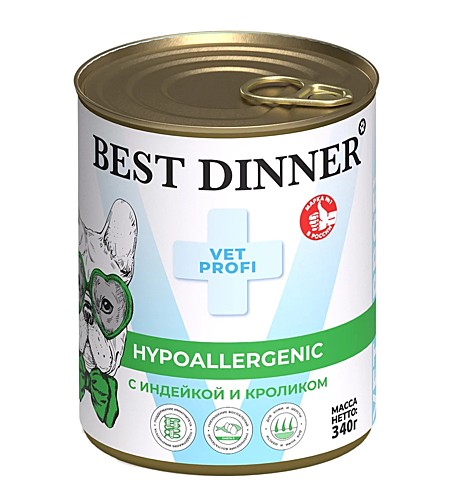Best Dinner Exclusive Hypoallergenic Консервы для собак и щенков, с Индейкой и кроликом 340г
