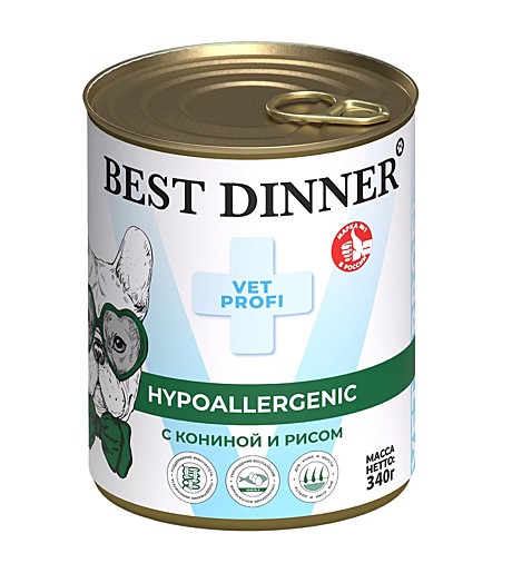 Best Dinner Exclusive Hypoallergenic Консервы для собак и щенков, с Кониной и рисом 340г