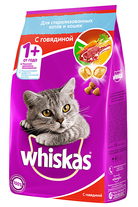 Whiskas Корм для стерилизованных кошек, с говядиной 1,9кг
