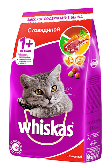 Whiskas Корм для взрослых кошек, с говядиной 1,9кг