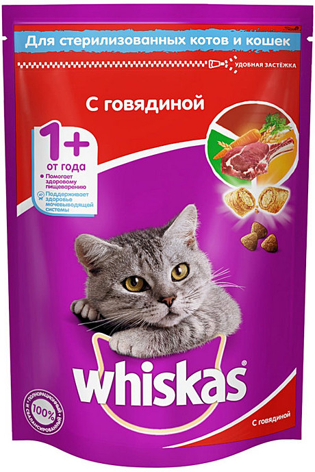 Whiskas Корм для стерилизованных кошек, с говядиной 350г