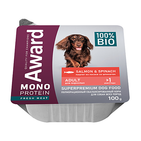 Award Monoprotein Влажный корм для взрослых собак, паштет из лосося со шпинатом 100г