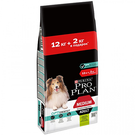 Pro Plan Medium Adult Корм для взрослых собак средних пород с чувств. пищеварением, с ягненком 12кг+