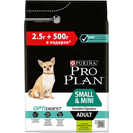 Pro Plan Small&Mini Adult Корм для собак мелких пород с чувств. пищеварением, с ягненком 2,5кг+500