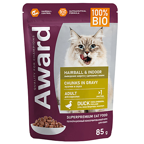 AWARD Hairball&Indoor Влажный корм для выведения шерсти у кошек, кусочки в соусе с уткой 85г
