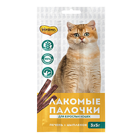 Мнямс Лакомые палочки для кошек, с Цыпленком и Печенью 3x5г