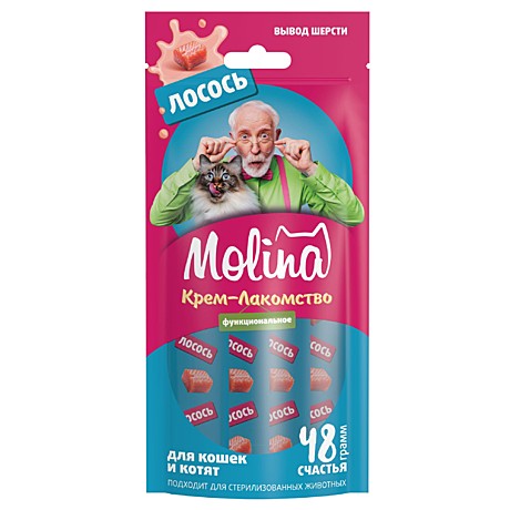 Molina Крем-лакомство для кошек и котят, вывод шерсти, лосось 48г