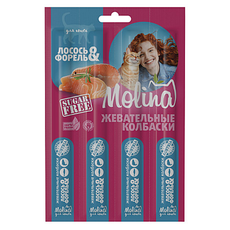 Molina Жевательные колбаски для кошек, лосось и форель 20г