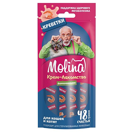 Molina Крем-лакомство для кошек и котят, поддержка здорового метаболизма, креветки 48г