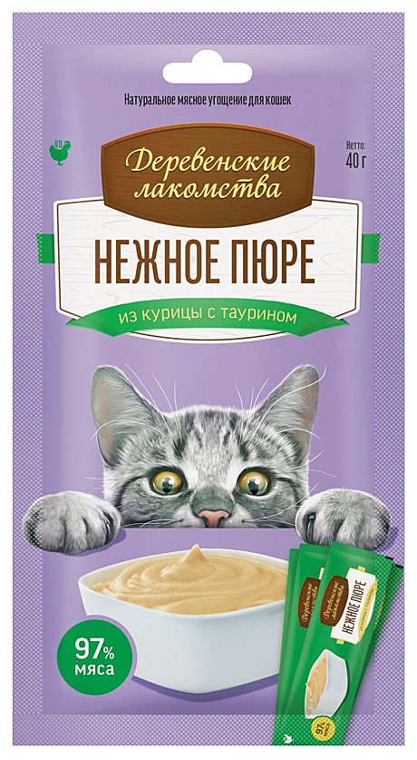 Деревенские лакомства для кошек Нежное пюре из курицы с таурином 40г