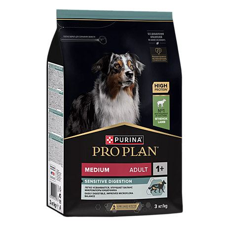 Pro Plan Medium Adult Корм для взрослых собак средних пород с чувств. пищеварением, с ягненком 3кг