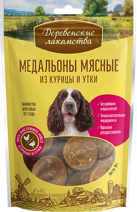 Деревенские лакомства для собак Медальоны мясные из курицы и утки 90г