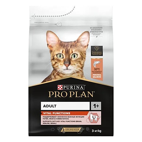 Pro Plan Adult VITAL Корм для взрослых кошек для поддержания почек, иммунитета, с лососем 3кг