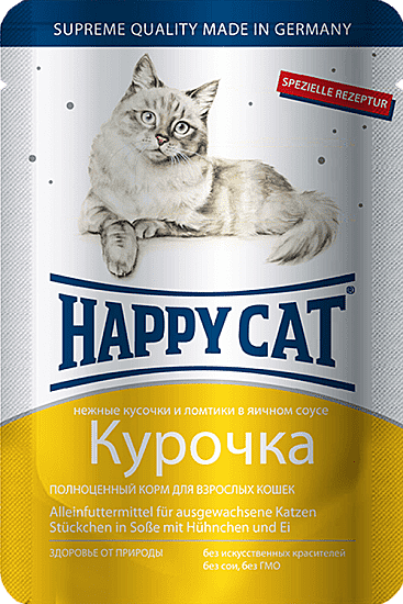 Happy cat Adult Пауч для кошек, Курочка в яичном соусе кусочки в соусе 100г