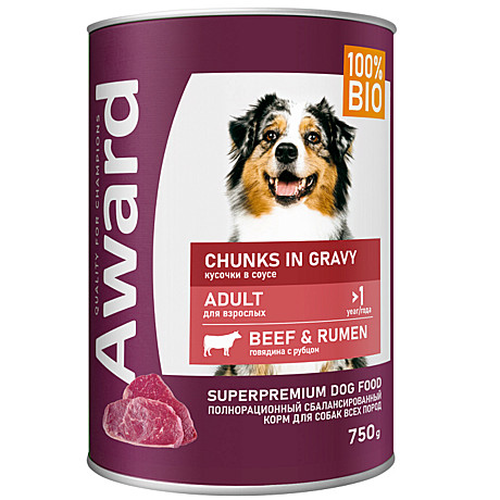 Award Влажный корм для взрослых собак, кусочки с говядиной и рубцом в соусе 750г