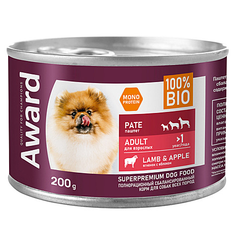Award Влажный корм для взрослых собак, паштет из ягненка с яблоками 200г
