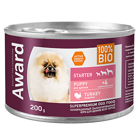 Award Влажный корм для щенков с начала прикорма до 4 месяцев паштет из индейки 200г 