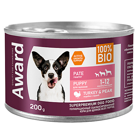 Award Влажный корм для щенков от 1 месяца, паштет из индейки с грушей 200г