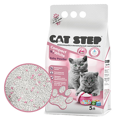 Cat Step Compact White Baby Powder комкующийся минеральный наполнитель 5л