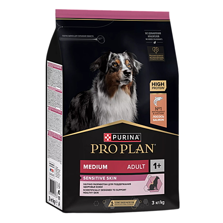 Pro Plan Medium Adult Sensitive Skin Корм для собак средних пород с чувств. кожей, с лососем 3кг