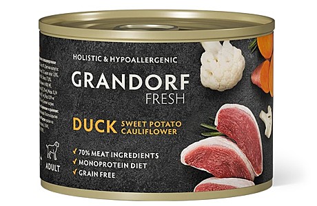 Grandorf Fresh Влажный корм для взрослых собак, паштет из утки с бататом и цветной капустой 200г