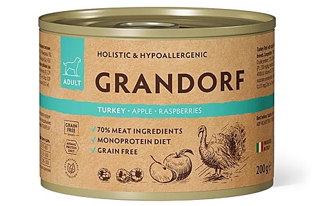 Grandorf Влажный корм для взрослых собак, паштет из индейки с яблоком и малиной 200г