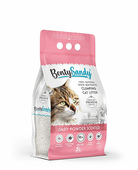 BentySandy Baby Powder наполнитель комкующийся глиняный, с ароматом детской присыпки 5л