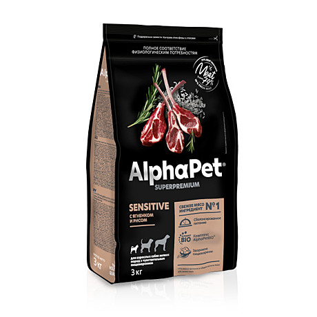 AlphaPet Sensitive Корм для взрослых собак мелких пород с чувствит. пищеварен, ягненок с рисом 3кг