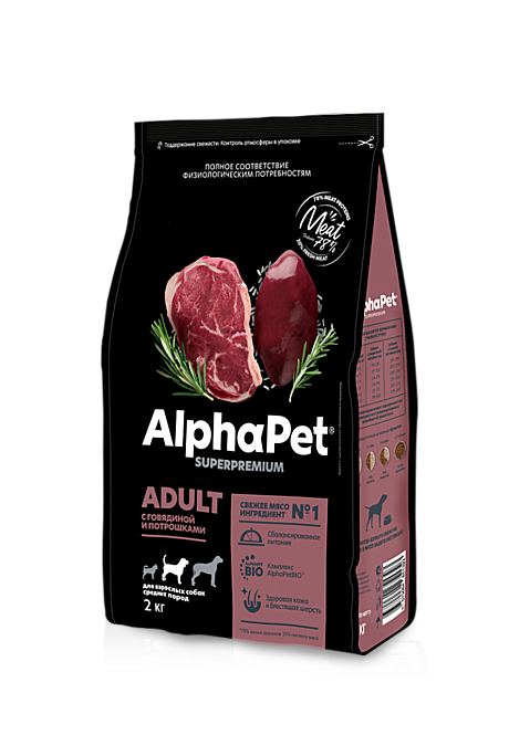 AlphaPet Adult Корм для взрослых собак средних пород, с говядиной и потрошками 12кг