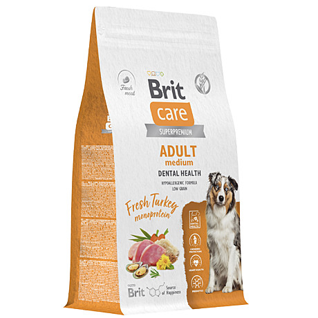 Brit Care Корм для взрослых собак средних пород для здоровья полости рта, с индейкой 3кг