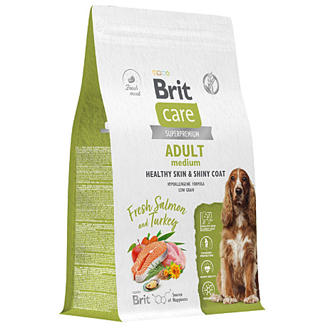 Brit Care Корм для собак средних пород для кожи и шерсти, с лососем и индейкой 3кг