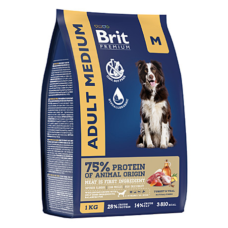 Brit Premium Adult Medium Корм для взрослых собак средних пород, с индейкой и телятиной 1кг