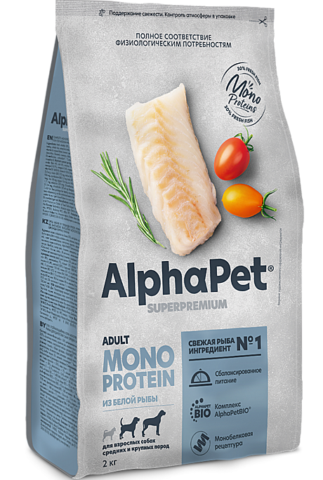 AlphaPet Monoprotein Корм для взрослых собак средних и крупных пород, с белой рыбой 2кг